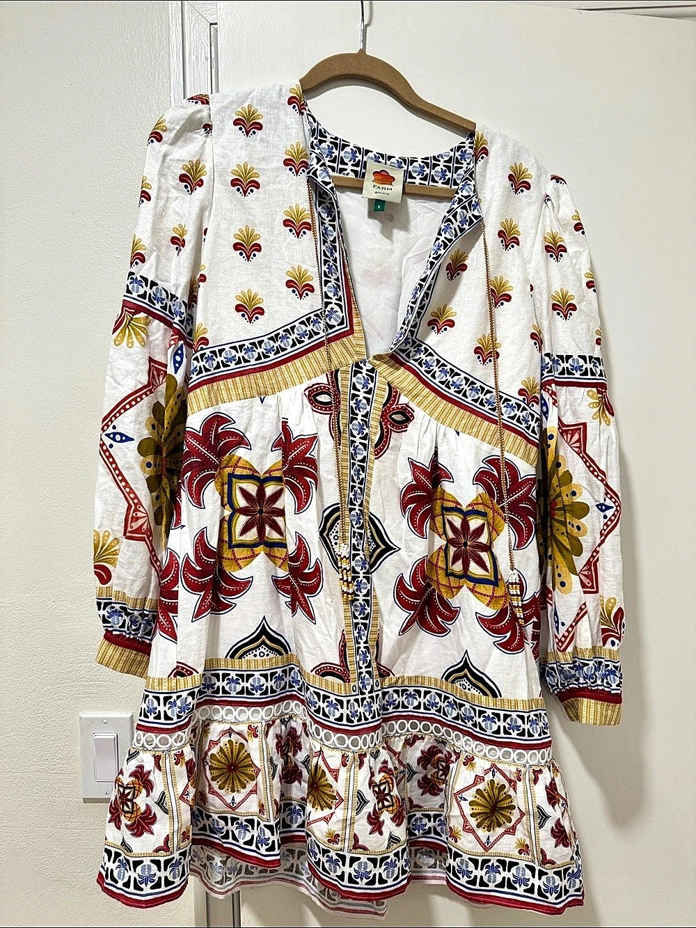 Farm Rio Garden Tiles Mini Dress White & Red Small